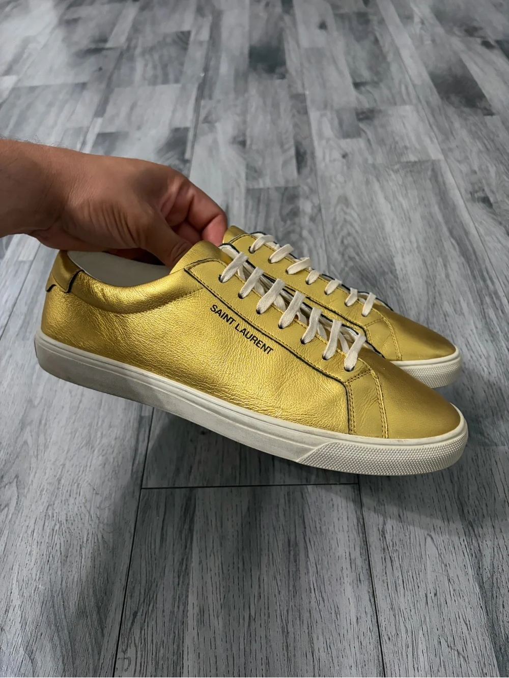 Saint Laurent Andy Metallic Gold Low-Top Sneakers with White Laces